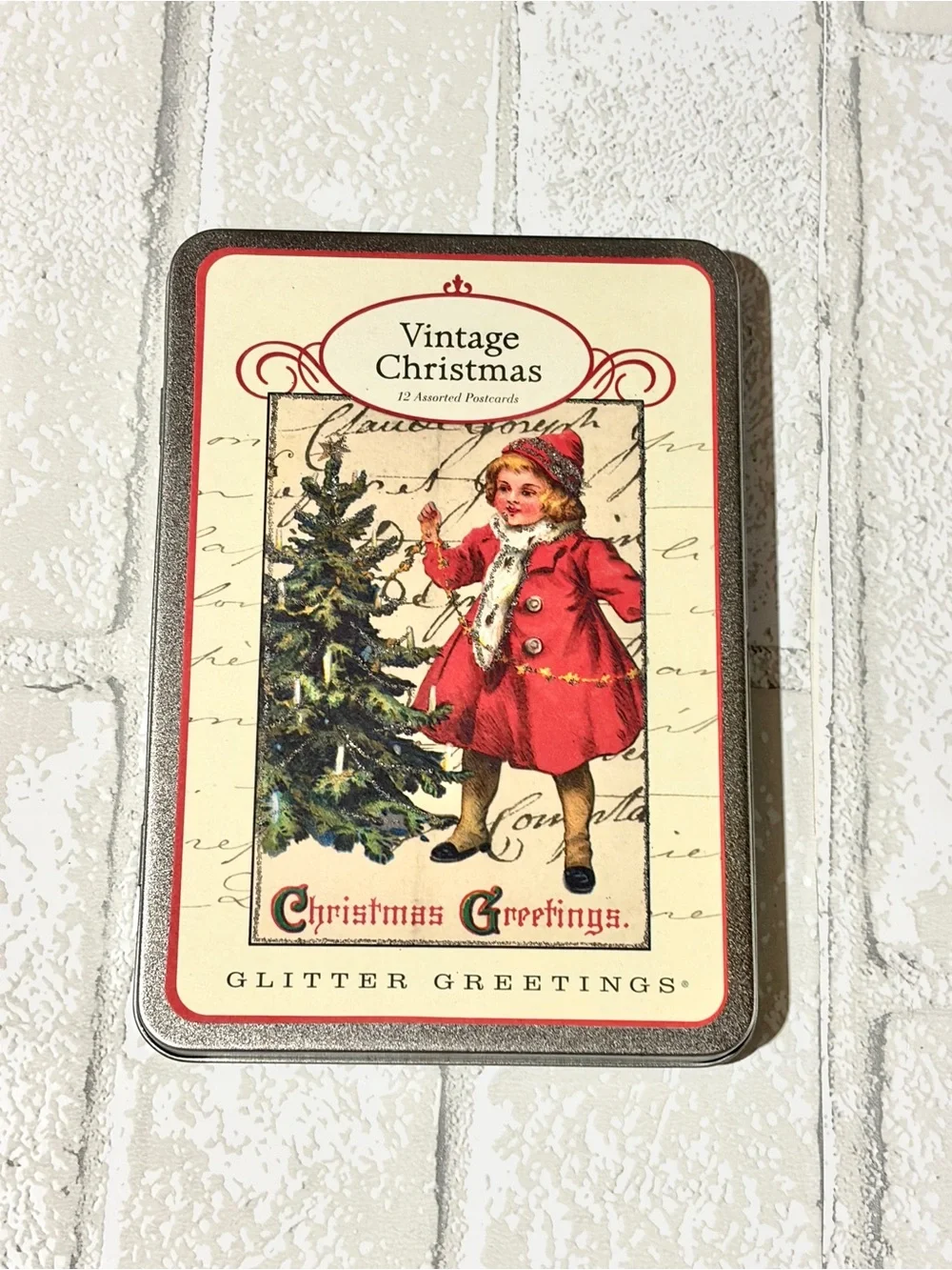 Cavallini 5 Cards & Vintage Theme Christmas Glitter Tin & Holiday Post Card Set